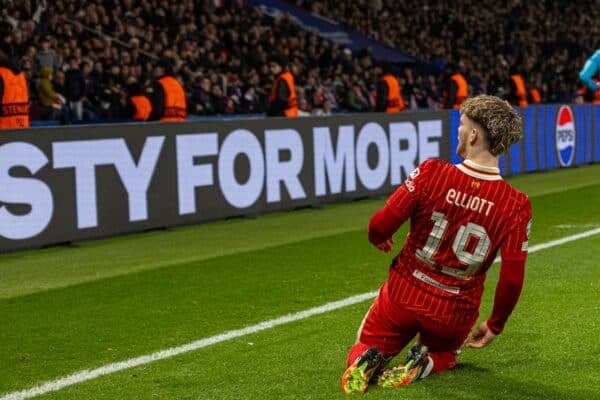  Liverpool's Harvey Elliott celebrates after scoring the winning goal during the UEFA Champions League Round of 16 1st Leg game between Paris Saint-Germain and Liverpool FC at the Parc des Princes. Liverpool won 1-0. (Photo by David Rawcliffe/Propaganda)