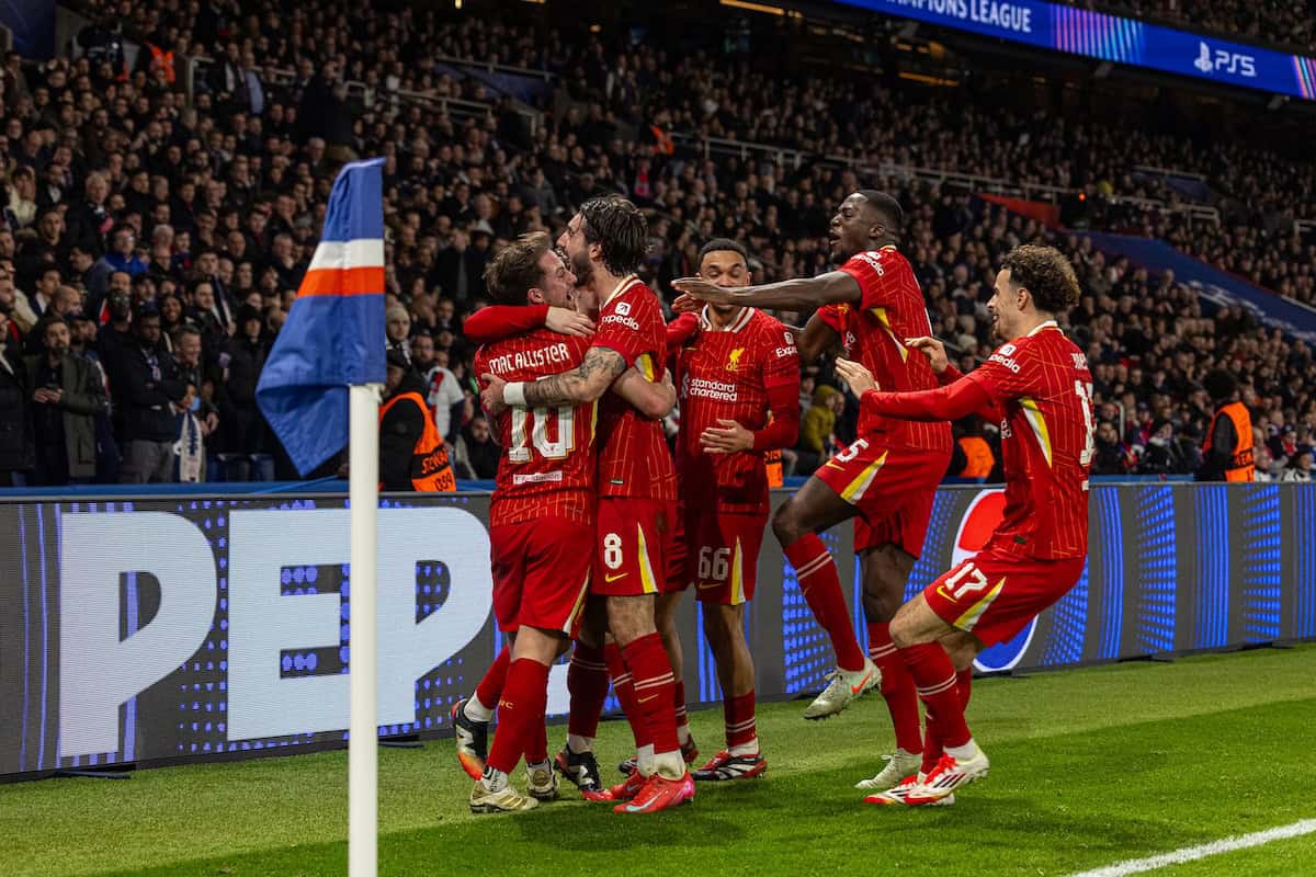 PARIS, FRANCE - Wednesday, March 5, 2025: Liverpool's Harvey Elliott (hidden) celebrates with team-mates after scoring the winning goal during the UEFA Champions League Round of 16 1st Leg game between Paris Saint-Germain and Liverpool FC at the Parc des Princes. Liverpool won 1-0. (Photo by David Rawcliffe/Propaganda)