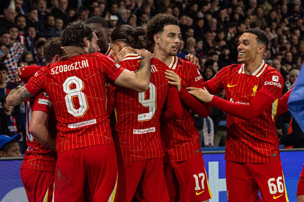 PARIS, FRANCE - Wednesday, March 5, 2025: Liverpool's Harvey Elliott (hidden) celebrates with team-mates after scoring the winning goal during the UEFA Champions League Round of 16 1st Leg game between Paris Saint-Germain and Liverpool FC at the Parc des Princes. Liverpool won 1-0. (Photo by David Rawcliffe/Propaganda)