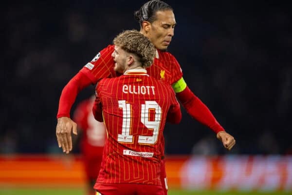 PARIS, FRANCE - Wednesday, March 5, 2025: Liverpool's Harvey Elliott celebrates with team-mate captain Virgil van Dijk (R) after scoring the winning goal during the UEFA Champions League Round of 16 1st Leg game between Paris Saint-Germain and Liverpool FC at the Parc des Princes. Liverpool won 1-0. (Photo by David Rawcliffe/Propaganda)