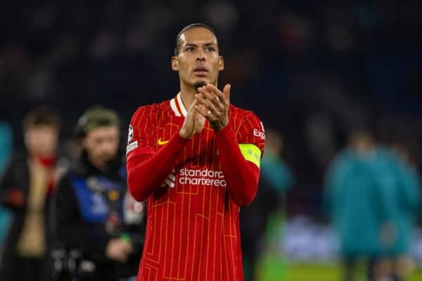 PARIS, FRANCE - Wednesday, March 5, 2025: Liverpool's captain Virgil van Dijk applauds the supporters after the UEFA Champions League Round of 16 1st Leg game between Paris Saint-Germain and Liverpool FC at the Parc des Princes. Liverpool won 1-0. (Photo by David Rawcliffe/Propaganda)