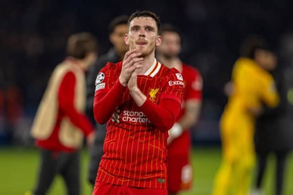 PARIS, FRANCE - Wednesday, March 5, 2025: Liverpool's Andy Robertson applauds the supporters after the UEFA Champions League Round of 16 1st Leg game between Paris Saint-Germain and Liverpool FC at the Parc des Princes. Liverpool won 1-0. (Photo by David Rawcliffe/Propaganda)