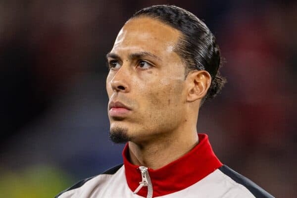 LIVERPOOL, ENGLAND - Tuesday, March 11, 2025: Liverpool's captain Virgil van Dijk lines-up before the UEFA Champions League Round of 16 2nd Leg match between Liverpool FC and Paris Saint-Germain FC at Anfield. The tie ended 1-1 on aggregate, PSG won 4-1 on penalties. (Photo by David Rawcliffe/Propaganda)