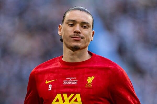 LONDON, ENGLAND - Sunday, March 16, 2025: Liverpool's Darwin Núñez during the pre-match warm-up before the Football League Cup Final match between Liverpool FC and Newcastle United FC at Wembley Stadium. Newcastle United won 2-1. (Photo by Harry Murphy/Propaganda)