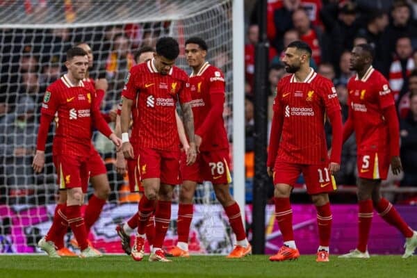 LONDON, ENGLAND - Sunday, March 16, 2025: Liverpool players react as Newcastle United score the opening goal during the Football League Cup Final match between Liverpool FC and Newcastle United FC at Wembley Stadium. Newcastle United won 2-1. (Photo by Harry Murphy/Propaganda)