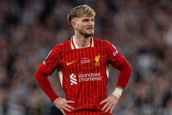 LONDON, ENGLAND - Sunday, March 16, 2025: Liverpool’s Harvey Elliott during the Football League Cup Final match between Liverpool FC and Newcastle United FC at Wembley Stadium. Newcastle United won 2-1. (Photo by Harry Murphy/Propaganda)