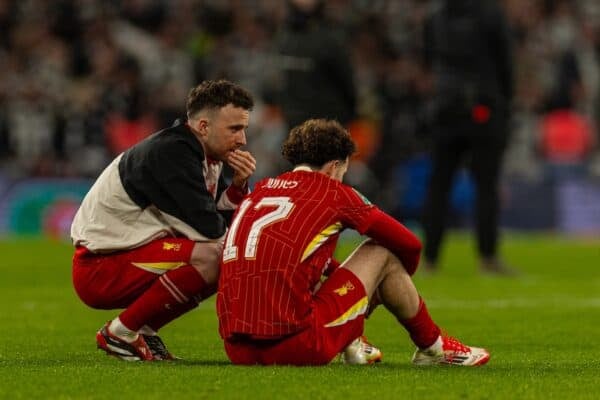 LONDON, ENGLAND - Sunday, March 16, 2025: Liverpool's Diogo Jota (L) and Curtis Jones look dejected after the Football League Cup Final match between Liverpool FC and Newcastle United FC at Wembley Stadium. Newcastle United won 2-1. (Photo by David Rawcliffe/Propaganda)