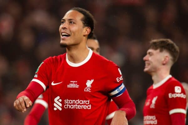 LONDON, ENGLAND - Sunday, February 25, 2024: Virgil van Dijk captain of Liverpool celebrates after the Football League Cup Final match between Chelsea FC and Liverpool FC at Wembley Stadium. (Photo by Peter Powell/Propaganda)