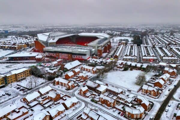 An aerial view of snow surrounding Anfield. Picture date: Sunday January 5, 2025. (Alamy Image)