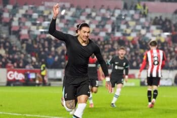 Liverpool’s Darwin Nunez celebrates scoring the opening goal during the Premier League match at the Gtech Community Stadium, Brentford. Picture date: Saturday January 18, 2025.