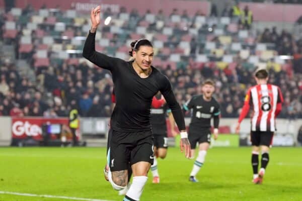 2S72X0F Liverpool's Darwin Nunez celebrates scoring the opening goal during the Premier League match at the Gtech Community Stadium, Brentford. Picture date: Saturday January 18, 2025.