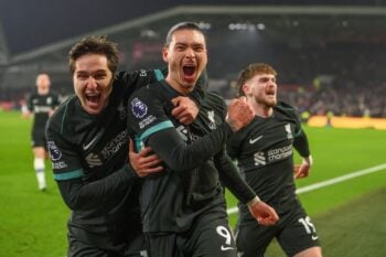 London, UK. 18th Jan, 2025. Brentford v Liverpool – Premier League – Gtech Community Stadium. Darwin Nunez celebrates scoring his second goal. Picture Credit: Mark Pain/Alamy Live News