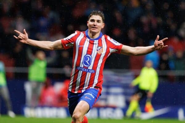 Julian Alvarez (Atletico de Madrid) seen celebrating after scoring goal during LaLiga game between Atletico de Madrid and Athletic Club. Maciej Rogowski/Alamy Live News