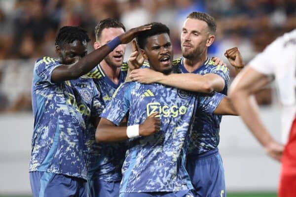 2XNNEFD BACKA TOPOLA, 01-08-2024, TSC Arena, football, UEFA Europa League second qualifying round, season 2024 / 2025, Vojvodina - Ajax, Ajax player Jorrel Hato scores 1-2 and celebrates with Jordan Henderson and Ajax player Bertrand Traore