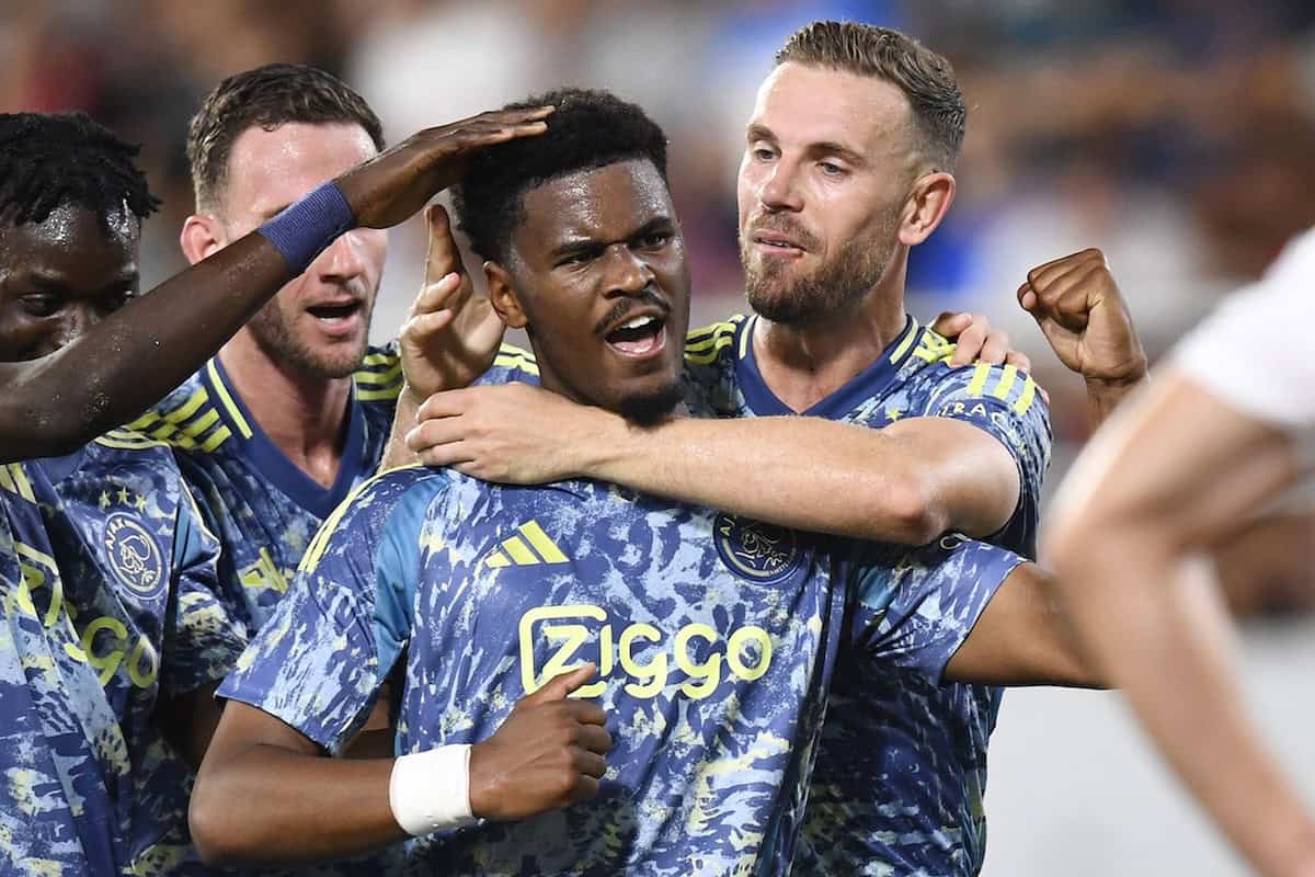 2XNNEFD BACKA TOPOLA, 01-08-2024, TSC Arena, football, UEFA Europa League second qualifying round, season 2024 / 2025, Vojvodina - Ajax, Ajax player Jorrel Hato scores 1-2 and celebrates with Jordan Henderson and Ajax player Bertrand Traore