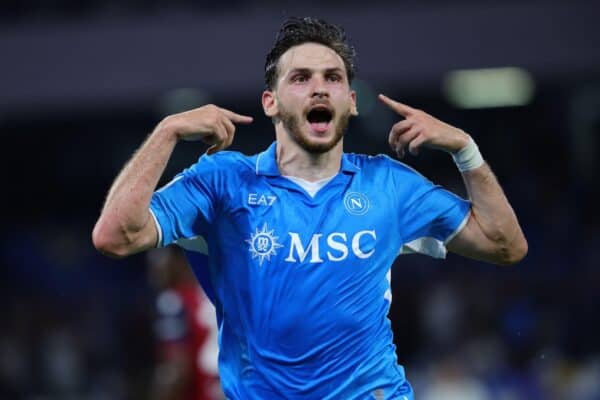 2XXNMPT Naples, Italy. 25th Aug, 2024. Khvicha Kvaratskhelia of SSC Napoli celebrates after scoring the goal of 2-0 during the Serie A football match between SSC Napoli and Bologna FC at Diego Armando Maradona stadium in Naples (Italy), August 25th, 2024. Credit: Insidefoto di andrea staccioli/Alamy Live News