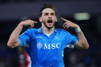 Naples, Italy. 25th Aug, 2024. Khvicha Kvaratskhelia of SSC Napoli celebrates after scoring the goal of 2-0 during the Serie A football match between SSC Napoli and Bologna FC at Diego Armando Maradona stadium in Naples (Italy), August 25th, 2024. Credit: