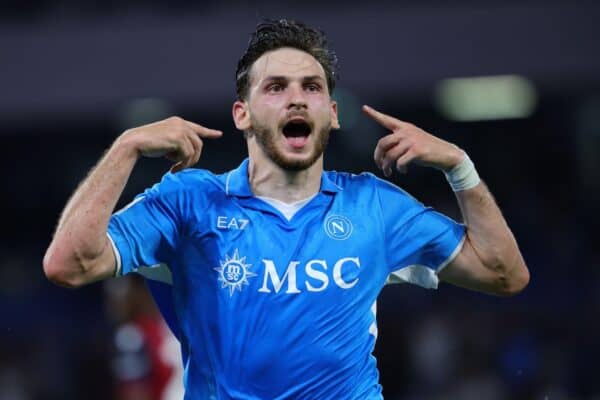 2XXNMPT Naples, Italy. 25th Aug, 2024. Khvicha Kvaratskhelia of SSC Napoli celebrates after scoring the goal of 2-0 during the Serie A football match between SSC Napoli and Bologna FC at Diego Armando Maradona stadium in Naples (Italy), August 25th, 2024. Credit: Insidefoto di andrea staccioli/Alamy Live News