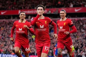 Liverpool’s Curtis Jones (centre) celebrates scoring their side’s second goal of the game during the Premier League match at Anfield, Liverpool. Picture date: Sunday October 20, 2024.