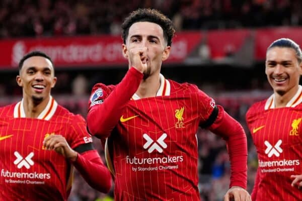 2YBY591 Liverpool's Curtis Jones (centre) celebrates scoring their side's second goal of the game during the Premier League match at Anfield, Liverpool. Picture date: Sunday October 20, 2024.