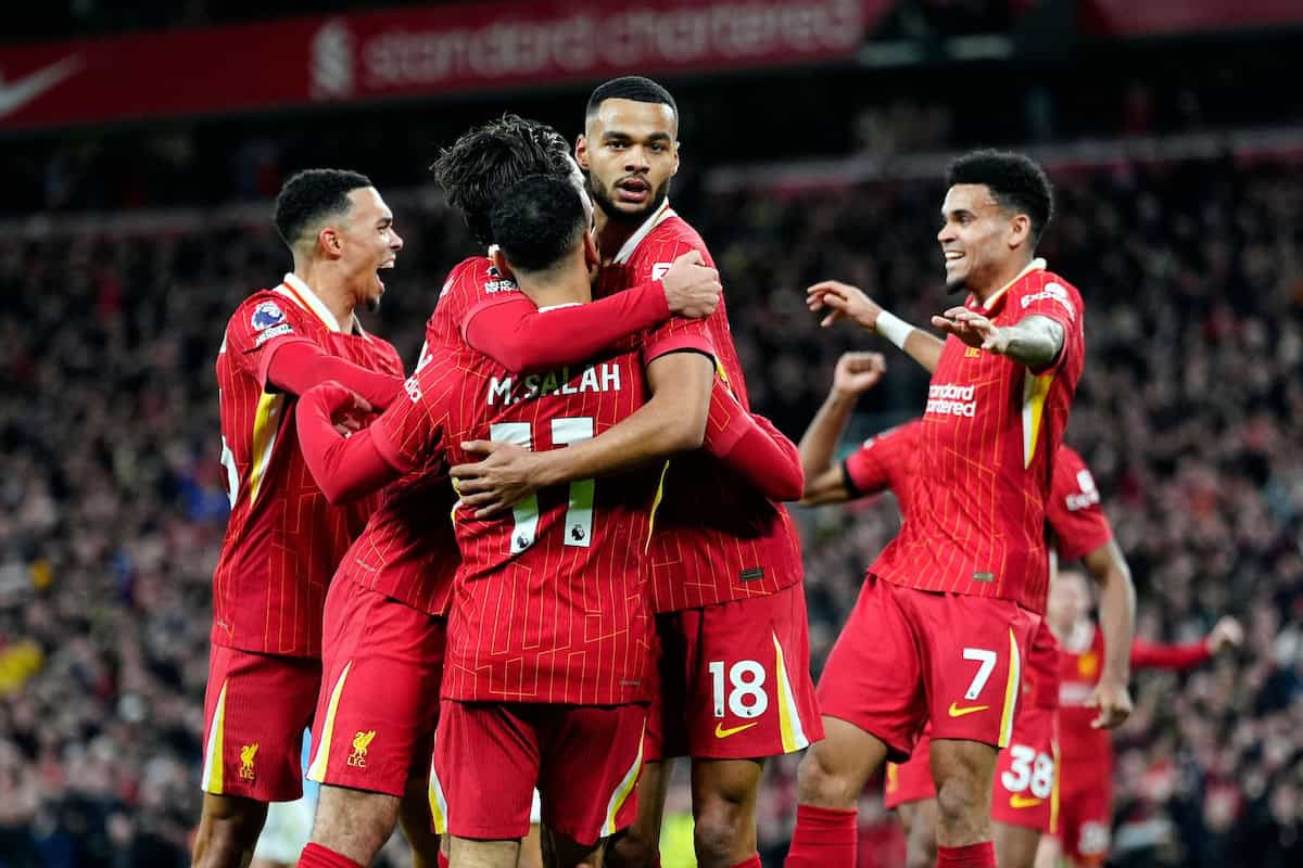 Cody Gakpo celebrates scoring their side's first goal of the game during the Premier League match at Anfield, Liverpool. Picture date: Sunday December 1, 2024.