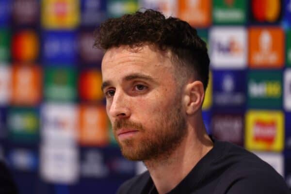 LIVERPOOL, ENGLAND - Monday, March 10, 2025: Liverpool's Diogo Jota during a press conference at Anfield ahead of the UEFA Champions League Round of 16 2nd Leg match between Liverpool FC and Paris Saint-Germain. (Photo by David Rawcliffe/Propaganda)