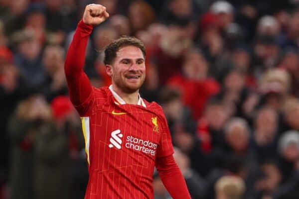 LIVERPOOL, ENGLAND - Wednesday, February 26, 2025: Liverpool's Alexis Mac Allister celebrates after scoring the second goal during the FA Premier League match between Liverpool FC and Newcastle United FC at Anfield. (Photo by David Rawcliffe/Propaganda)