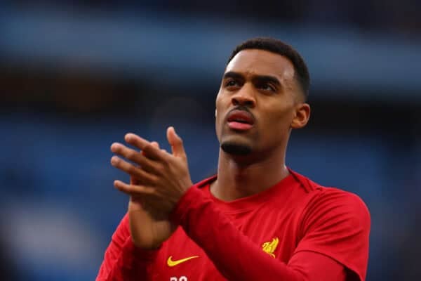 MANCHESTER, ENGLAND - Sunday, February 23, 2025: Liverpool's Ryan Gravenberch takes part in the pre-match warmup on the pitch before the FA Premier League match between Manchester City FC and Liverpool FC at the City of Manchester Stadium. (Photo by David Rawcliffe/Propaganda)