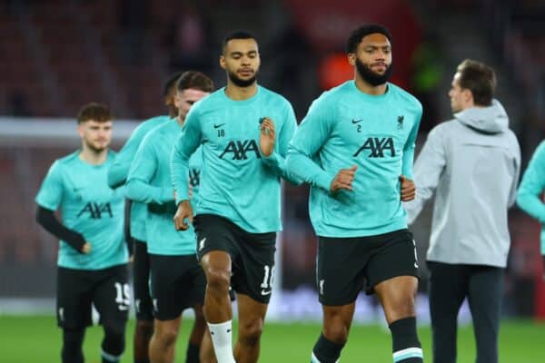 SOUTHAMPTON, ENGLAND - Tuesday, December 17, 2024: Liverpool's Joe Gomez during the pre-match warm-up before the Football League Cup Quarter-Final match between Southampton FC and Liverpool FC at St Mary's Stadium. (Photo by David Rawcliffe/Propaganda)