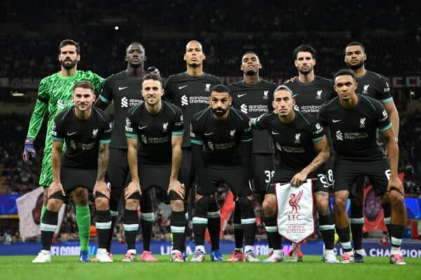 MILAN, ITALY - SEPTEMBER 17: Players of Liverpool pose for a team photograph prior to the UEFA Champions League 2024/25 League Phase MD1 match between AC Milan and Liverpool FC at Stadio San Siro on September 17, 2024 in Milan, Italy. (Photo by Justin Setterfield - UEFA/UEFA via Getty Images)