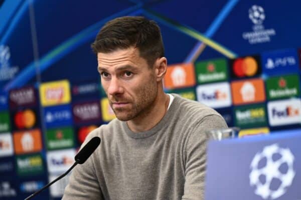 LEVERKUSEN, GERMANY - OCTOBER 01: Xabi Alonso, Head Coach of Bayer 04 Leverkusen, speaks to the media in a post match press conference following the UEFA Champions League 2024/25 League Phase MD2 match between Bayer 04 Leverkusen and AC Milan at BayArena on October 01, 2024 in Leverkusen, Germany. (Photo by Alexander Scheuber - UEFA/UEFA via Getty Images)