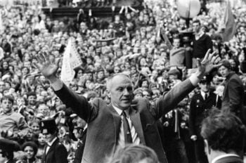 Liverpool manager Bill Shankly pictured on his side’s homecoming to the city of Liverpool following their FA Cup Final defeat by Arsenal at Wembley. Thousands of people lined the streets to welcome their heroes back from London. 9th May 1971.