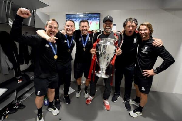 Jurgen Klopp manager of Liverpool, Pepijn Lijnders and Peter Krawietz assistant manager of Liverpool and John Achterberg goal keeping coach Andreas Kornmayer head of fitness and conditioning with UEFA Champions League trophy at the end of the UEFA Champions League Final between Tottenham Hotspur and Liverpool at Estadio Wanda Metropolitano on June 01, 2019 in Madrid, Spain. (Photo by John Powell/Liverpool FC via Getty Images)