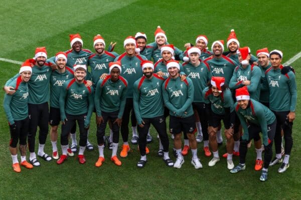 KIRKBY, ENGLAND - DECEMBER 24: Liverpool players pose for a Christmas photograph before a training session at AXA Training Centre on December 23, 2024 in Kirkby, England. (Photo by Nikki Dyer - LFC/Liverpool FC via Getty Images)