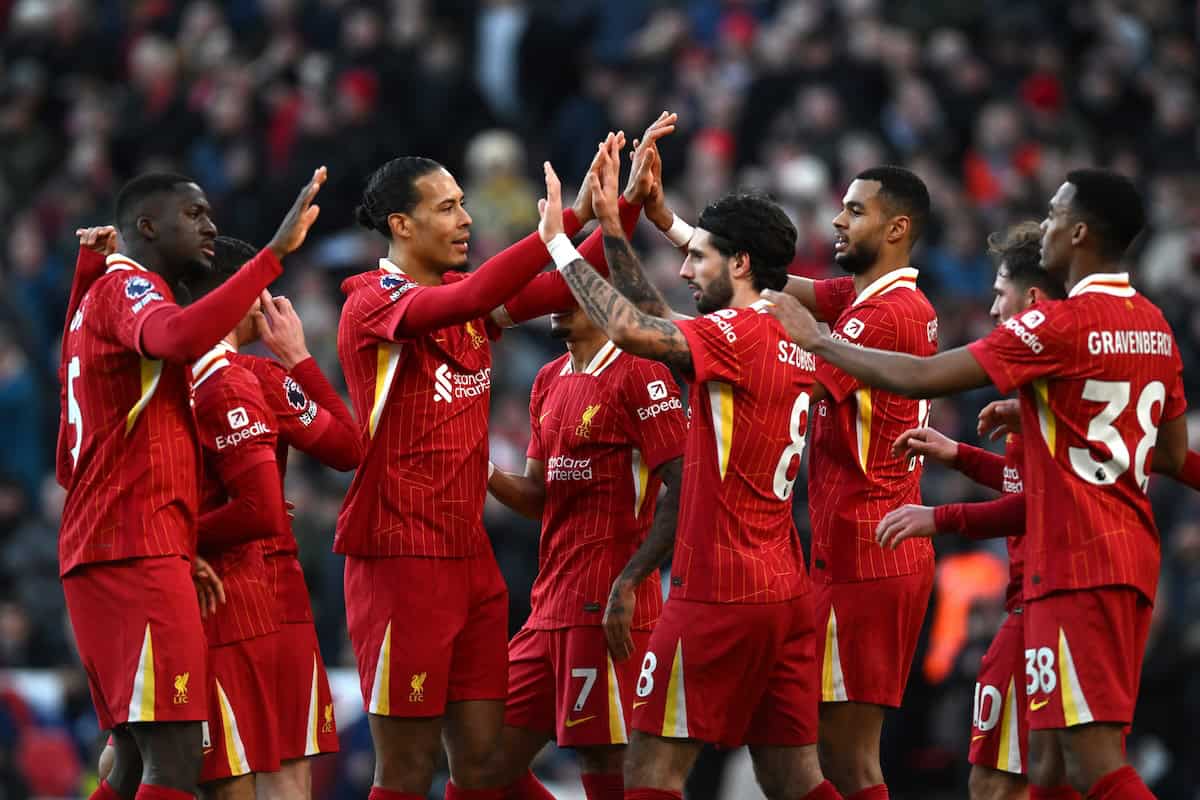 Dominik Szoboszlai of Liverpool celebrates scoring his team's third goal with teammates during the Premier League match between Liverpool FC and Ipswich Town FC at Anfield on January 25, 2025 in Liverpool, England. (Photo by Liverpool FC/Liverpool FC via Getty Images)