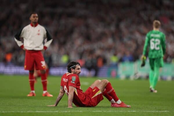 LONDON, ENGLAND - Sunday, March 16, 2025: Liverpool's Dominik Szoboszlai looks dejected after the Football League Cup Final match between Liverpool FC and Newcastle United FC at Wembley Stadium. Newcastle United won 2-1. (Photo by David Rawcliffe/Propaganda)