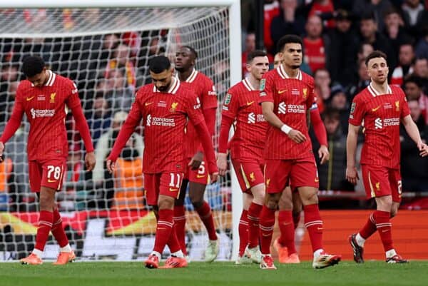 LONDON, ENGLAND - Sunday, March 16, 2025: Liverpool players react to conceding a goal during the Football League Cup Final match between Liverpool FC and Newcastle United FC at Wembley Stadium. (Photo by Harry Murphy/Propaganda)