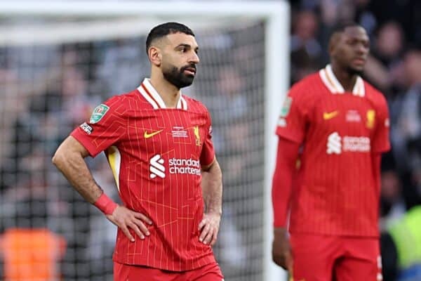 LONDON, ENGLAND - Sunday, March 16, 2025: Liverpool's Mohamed Salah reacts to his side conceding a second goal during the Football League Cup Final match between Liverpool FC and Newcastle United FC at Wembley Stadium. (Photo by Harry Murphy/Propaganda)