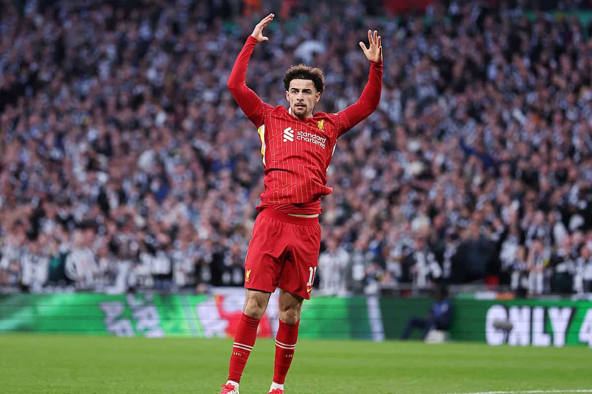 LONDON, ENGLAND - Sunday, March 16, 2025: Liverpool's Curtis Jones encourages the supporters during the Football League Cup Final match between Liverpool FC and Newcastle United FC at Wembley Stadium. (Photo by Harry Murphy/Propaganda)