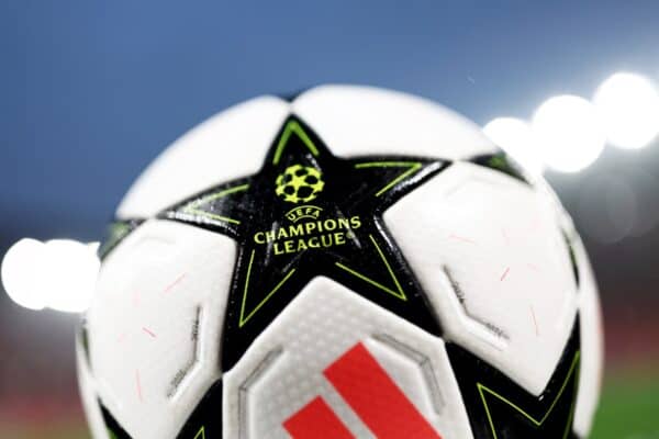 LIVERPOOL, ENGLAND - NOVEMBER 05: The Match ball is pictured during the UEFA Champions League 2024/25 League Phase MD4 match between Liverpool FC and Bayer 04 Leverkusen at Anfield on November 05, 2024 in Liverpool, England. (Photo by Naomi Baker - UEFA/UEFA via Getty Images)