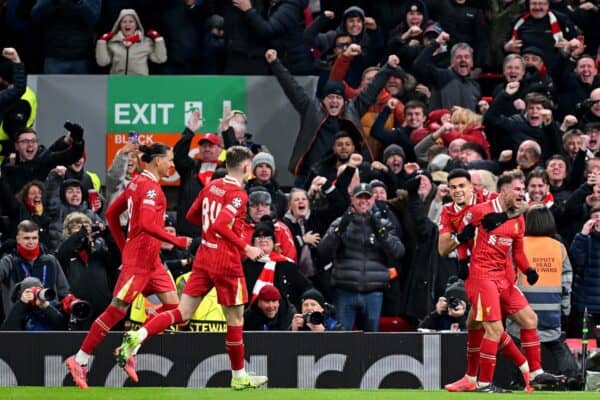 LIVERPOOL, ENGLAND - NOVEMBER 27: Alexis Mac Allister of Liverpool celebrates scoring his team's first goal during the UEFA Champions League 2024/25 League Phase MD5 match between Liverpool FC and Real Madrid C.F. at Anfield on November 27, 2024 in Liverpool, England. (Photo by Michael Regan - UEFA/UEFA via Getty Images)