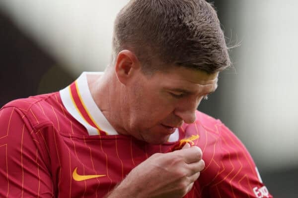 LIVERPOOL, ENGLAND - Saturday, March 22, 2025: Liverpool's Steven Gerrard kisses his badge during the LFC Foundation match between Liverpool FC Legends and Chelsea FC Legends at Anfield. (Photo by Jon Super/Propaganda)