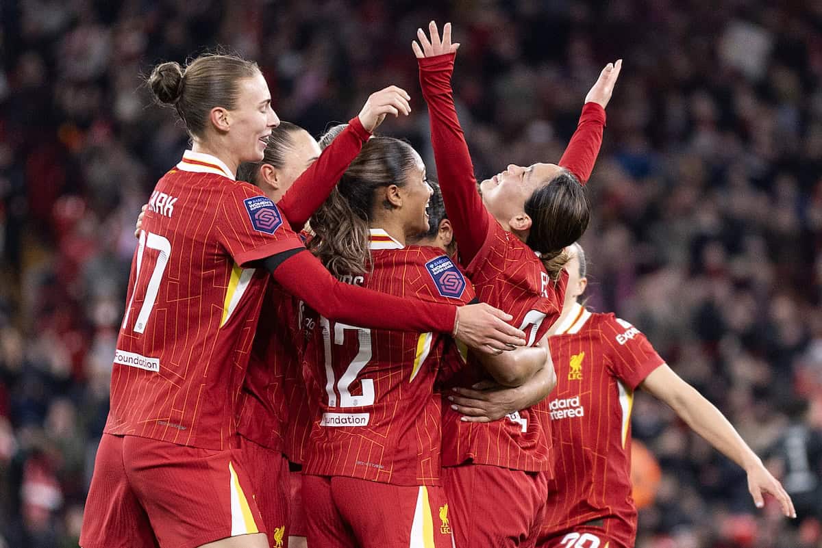 LIVERPOOL, ENGLAND - Friday, March 14, 2025: Liverpool's F?ka Nagano celebrates with teammates after scoring her team’s second goal during the FA Women’s Super League game between Liverpool FC Women and Manchester United FC Women at Anfield. (Photo by Molly Darlington/Propaganda)