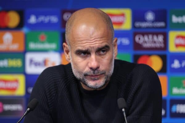 MANCHESTER, ENGLAND - SEPTEMBER 18: Pep Guardiola, Manager of Manchester City speaks during a press conference during the UEFA Champions League 2024/25 League Phase MD1 match between Manchester City and FC Internazionale Milano at City of Manchester Stadium on September 18, 2024 in Manchester, England. (Photo by Alex Pantling - UEFA/UEFA via Getty Images)