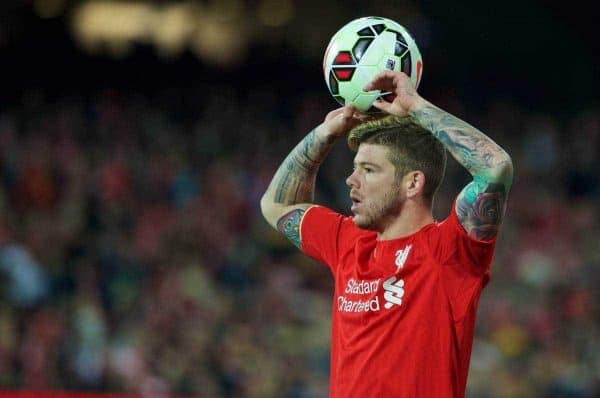 ADELAIDE, AUSTRALIA - Monday, July 20, 2015: Liverpool's Alberto Moreno in action against Adelaide United during a preseason friendly match at the Adelaide Oval on day eight of the club's preseason tour. (Pic by David Rawcliffe/Propaganda)