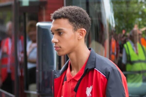 SWINDON, ENGLAND - Sunday, August 2, 2015: Liverpool's Trent Alexander-Arnold arrives at the County Ground for the friendly match against Swindon Town. (Pic by Mark Hawkins/Propaganda)