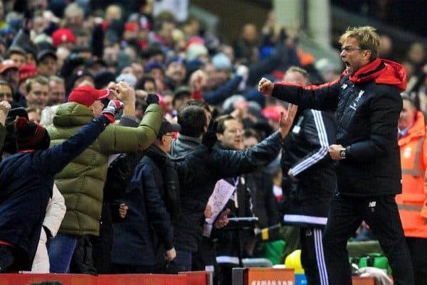 LIVERPOOL, ENGLAND - Sunday, December 13, 2015: Liverpool's manager Jürgen Klopp celebrates the equaliser goal during the Premier League match against West Bromwich Albion at Anfield. (Pic by James Maloney/Propaganda)
