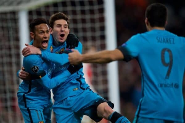 LONDON, ENGLAND - Tuesday, February 23, 2016: Barcelona's Lionel Messi celebrates scoring the first goal against Arsenal with team-mates Neymar and Luis Suárez during the UEFA Champions League Round of 16 1st Leg match at the Emirates Stadium. (Pic by Kirsten Holst/Propaganda)