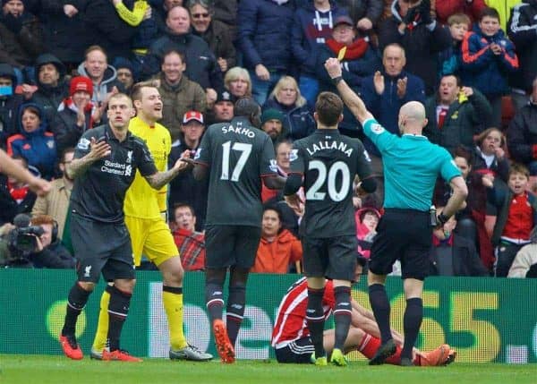 SOUTHAMPTON, ENGLAND - Sunday, March 20, 2016: Liverpool's Martin Skrtel is shown a yellow card after conceding a penalty to Southampton during the FA Premier League match at St Mary's Stadium. (Pic by David Rawcliffe/Propaganda)