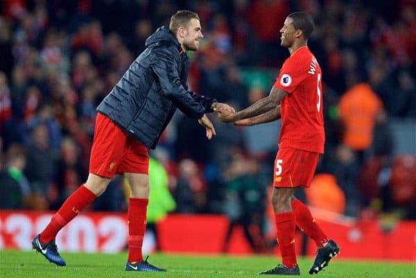 LIVERPOOL, ENGLAND - Saturday, December 31, 2016: Liverpool's captain Jordan Henderson and Georginio Wijnaldum celebrate at the final whistle after his side beat Manchester City 1-0 during the FA Premier League match at Anfield. (Pic by David Rawcliffe/Propaganda)